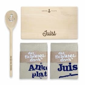 Geschenkset Juist Frühstücksbrett, Kochlöffel und Geschirrtücher
