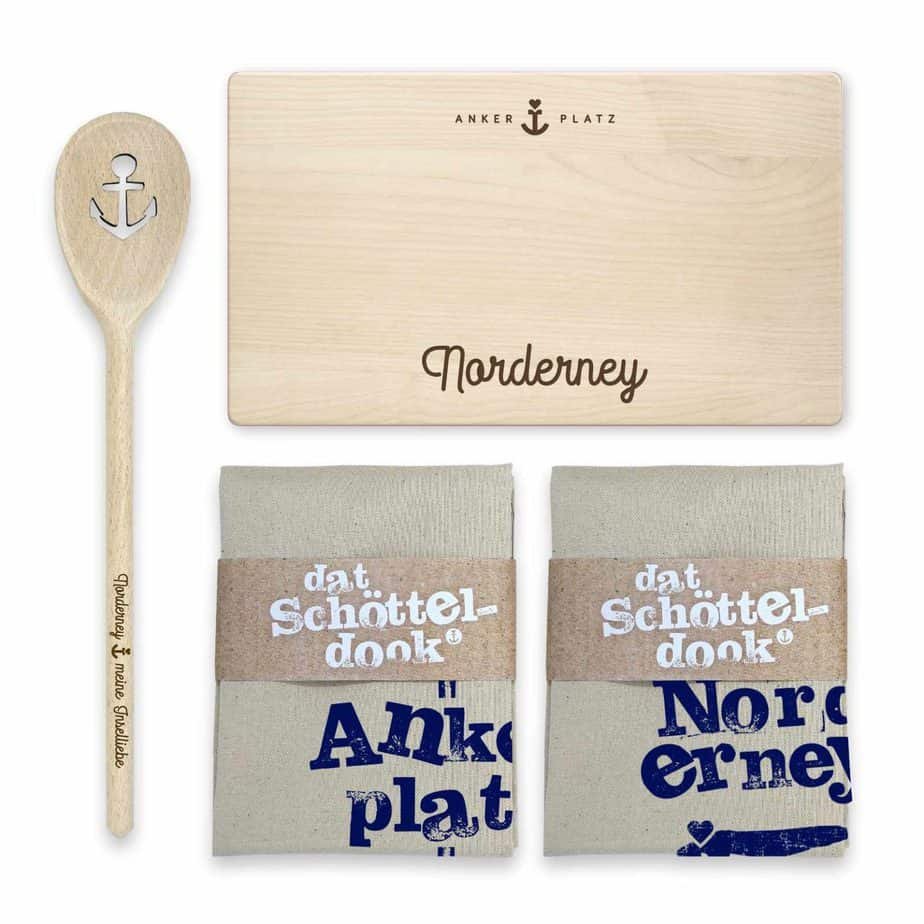 Geschenkset Norderney Frühstücksbrett, Kochlöffel und Geschirrtücher