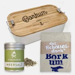 Maritimes Geschenkset Borkum: Edelstahl Brotdose, Geschirrhandtuch und Strandküchen Meersalz