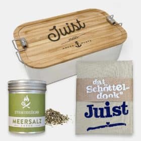 Maritimes Geschenkset Juist: Edelstahl Brotdose, Geschirrhandtuch und Strandküchen Meersalz