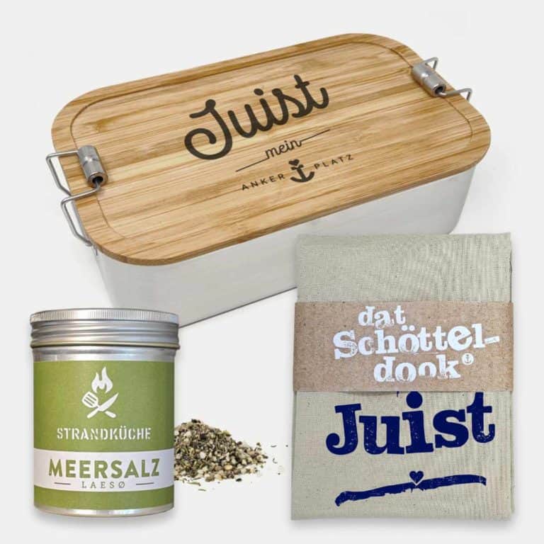 Wangerooge | NORDIG Inselliebe Maritimes Geschenkset Juist: Edelstahl Brotdose, Geschirrhandtuch und Strandküchen Meersalz