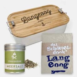 Maritimes Geschenkset Langeoog: Edelstahl Brotdose, Geschirrhandtuch und Strandküchen Meersalz
