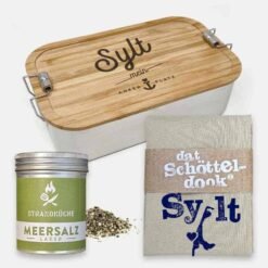Maritimes Geschenkset Sylt: Edelstahl Brotdose, Geschirrhandtuch und Strandküchen Meersalz
