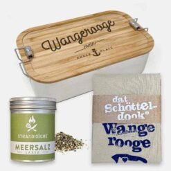 Maritimes Geschenkset Wangerooge: Edelstahl Brotdose, Geschirrhandtuch und Strandküchen Meersalz