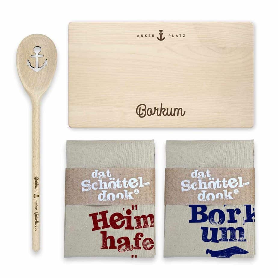 Geschenkset Borkum Frühstücksbrett, Kochlöffel und Geschirrtücher