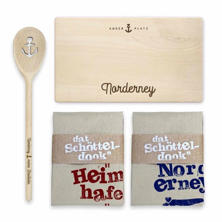 Geschenkset Norderney Frühstücksbrett, Kochlöffel und Geschirrtücher