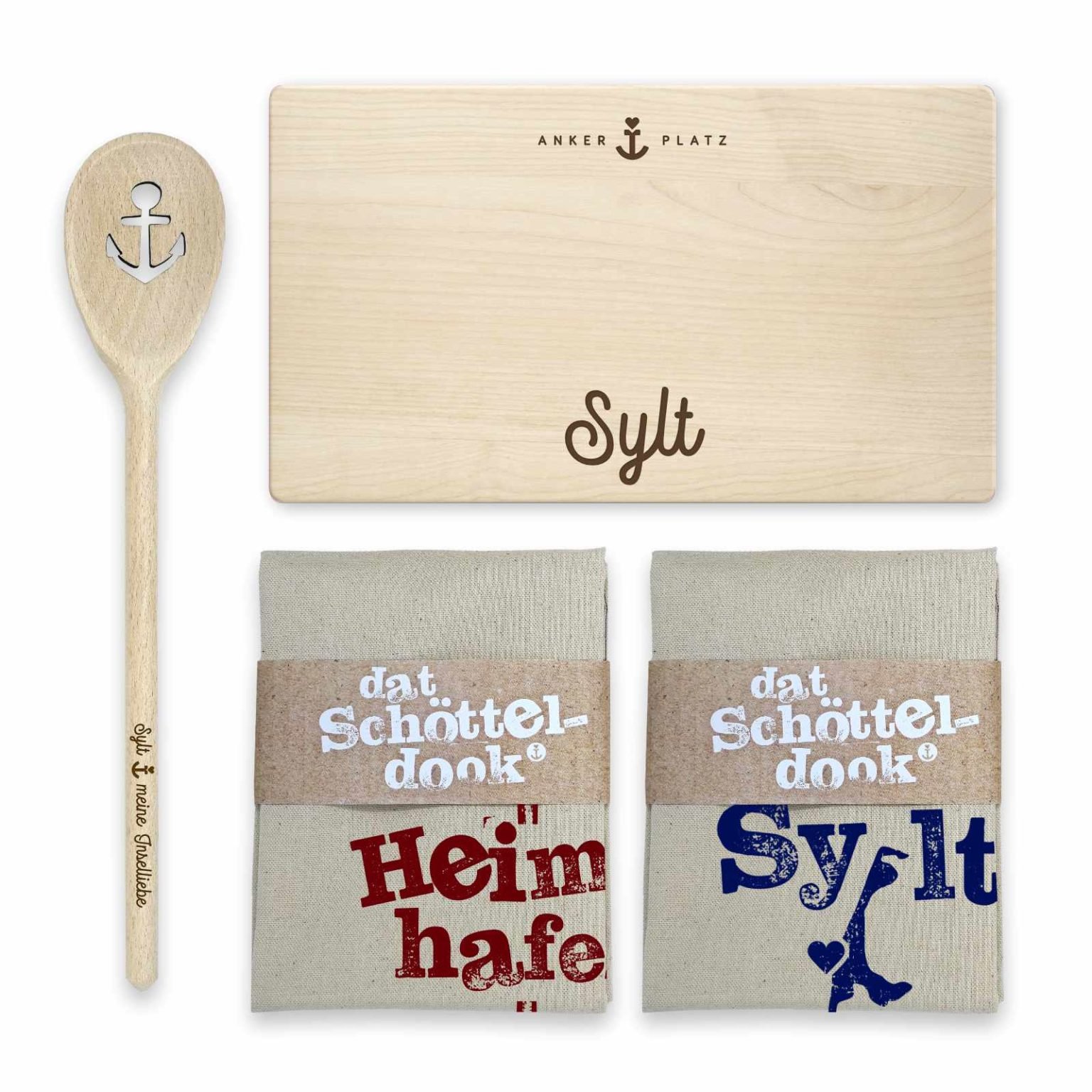 Geschenkset Sylt Frühstücksbrett, Kochlöffel und Geschirrtücher