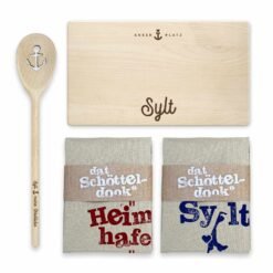 Geschenkset Sylt Frühstücksbrett, Kochlöffel und Geschirrtücher