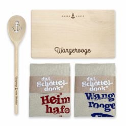 Geschenkset Wangerooge Frühstücksbrett, Kochlöffel und Geschirrtücher