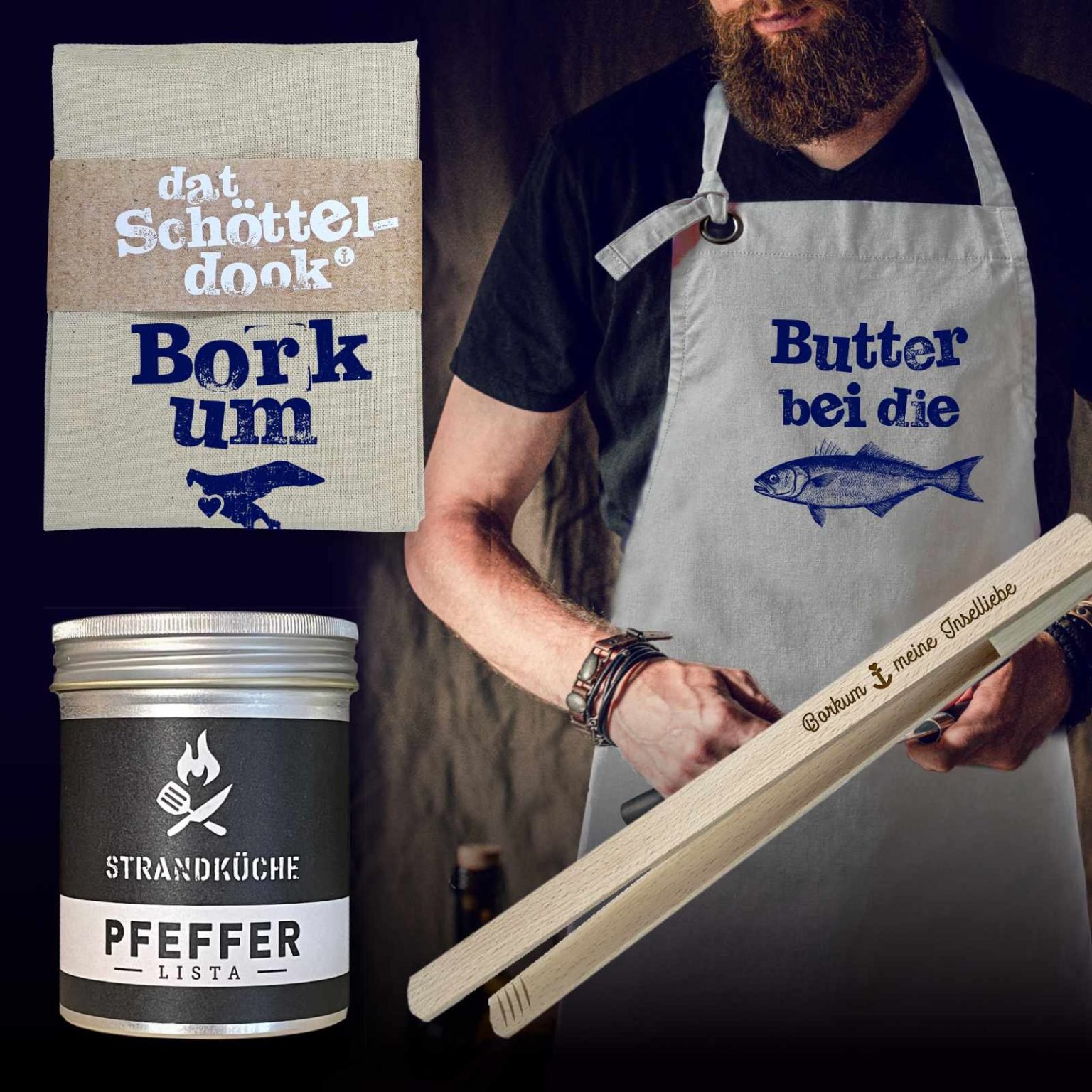 Borkum Geschenkset - Grillschürze, Strandküche Pfeffer, Geschirrtuch, Grillzange - NORDIG Inselliebe