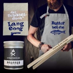Langeoog Geschenkset - Grillschürze, Strandküche Pfeffer, Geschirrtuch, Grillzange - NORDIG Inselliebe